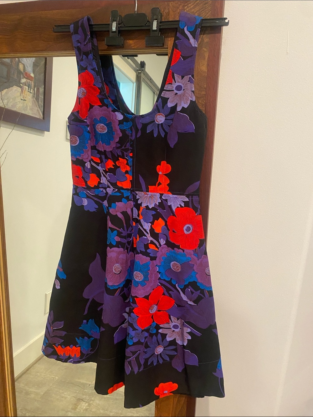 Tracy Reese Black Mini Dress with Red & Purple Floral Print
